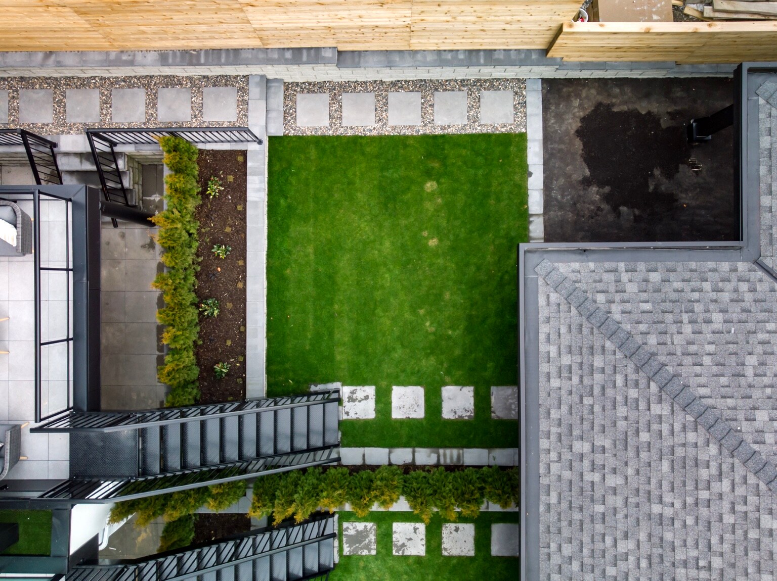 Aerial detail of the private landscaped yards and pathways
